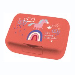 Rote Box mit bunten Illustrationen. Ein Einhorn, Regenbogen und der Text 'It's raining diamonds!'.