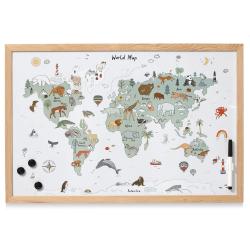 Weltkarte mit Illustrationen von Tieren in verschiedenen Regionen. Bunte Darstellung mit einem Holzrahmen.