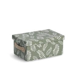 Grüne Aufbewahrungsbox mit weißem Blattmuster. Rechteckige Form, Klappdeckel, seitlicher Griff aus Leder.