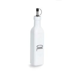 Weiße Ölflasche mit schmalem Hals und schwarzem Ausgießer. Auf der Flasche steht das Wort 'OIL'.