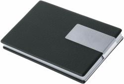 schwarzes Notizbuch mit strukturiertem Cover. Metallischer Clip auf der Vorderseite. Seiten sind weiß.