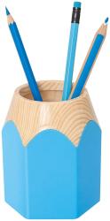 Bleistiftbecher in Form eines großen blauen Bleistifts. Enthält drei blaue Bleistifte.