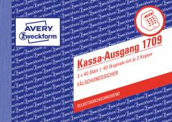 Kassenausgangsformular in Blau mit mehreren Feldern für Beträge. Enthält Hinweise zur Fälschungssicherheit.