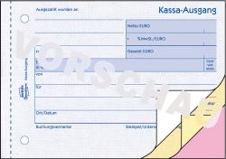 Kassenausgangsformular in Blau mit mehreren Feldern für Beträge. Enthält Hinweise zur Fälschungssicherheit.