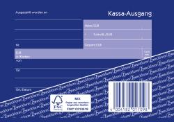Kassenausgangsformular in Blau mit mehreren Feldern für Beträge. Enthält Hinweise zur Fälschungssicherheit.
