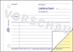 Lieferschein in gelb und rot. Enthält Felder für Absender, Empfänger, Ort und Datum. 40 Blatt, selbstdurchschreibend.