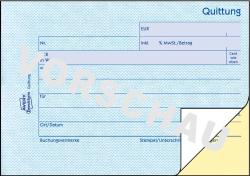 Quittungsblock mit blauen Seiten. Enthält Platz für Beträge, Datum und Unterschrift.