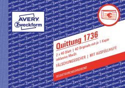 Quittungsblock mit blauen Seiten. Enthält Platz für Beträge, Datum und Unterschrift.