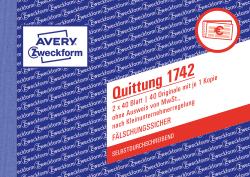 Quittungsblock mit blauer und roter Gestaltung. Enthält mehrere Originale und Kopien für Zahlungsbestätigungen.