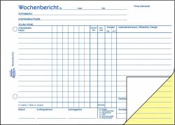 Wochenbericht Formular von Avery Zweckform. Enthält Tabellen für Arbeitszeiterfassung und Materialverbrauch.