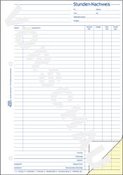 Stunden-Nachweisformular von Avery. Blaues Cover mit Logo. Innenseite mit Tabellen für Arbeitsstunden. Platz für Name, Datum, Projekt. 40 Blätter, selbstdurchschreibend.