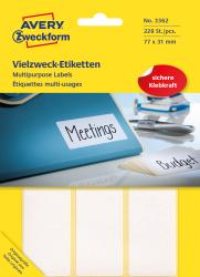 Gelbe Verpackung mit dem Logo von Avery. Multipurpose Labels, 228 Stück. Größe 77 x 31 mm. Beispielbeschriftungen: 'Meetings' und 'Budget'.