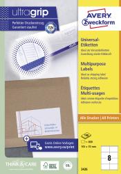 Produktverpackung für Universal-Etiketten. Enthält Informationen zu Anwendung und Druckerkompatibilität.