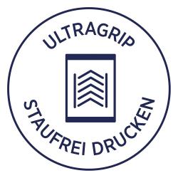 Rundes Logo mit dem Schriftzug 'ULTRAGRIP' und 'STAUFREI DRUCKEN'. Symbol in der Mitte zeigt eine Druckoberfläche.