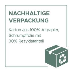 Nachhaltige Verpackung. Karton aus 100% Altpapier. Schrumpffolie mit 30% Rezyklatanteil.