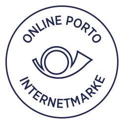 Rundes Logo mit einem stilisierten Auge. Text: 'ONLINE PORTO' oben und 'INTERNETMARKE' unten. Farbton: Dunkelblau auf weißem Hintergrund.