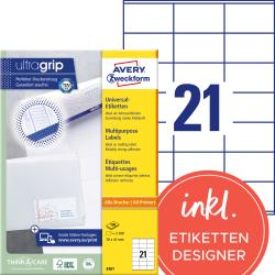 Produktverpackung für Universal-Etiketten von Avery. Enthält Informationen zu Anwendung und Größe der Etiketten.