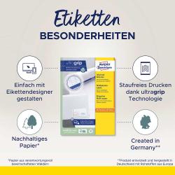 Produktverpackung für Universal-Etiketten von Avery. Enthält Informationen zu Anwendung und Größe der Etiketten.