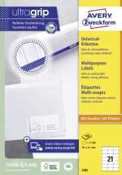 Produktverpackung für Universal-Etiketten von Avery. Enthält Informationen zu Anwendung und Größe der Etiketten.