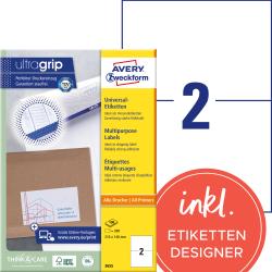 Gelbe Verpackung mit dem Schriftzug 'Avery Zweckform'. Universal-Etiketten für Versand. 200 Etiketten, Größe 210 x 148 mm. Inkl. Etiketten-Designer.