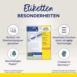 Gelbe Verpackung mit dem Schriftzug 'Avery Zweckform'. Universal-Etiketten für Versand. 200 Etiketten, Größe 210 x 148 mm. Inkl. Etiketten-Designer.