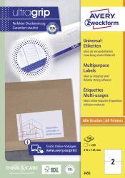 Gelbe Verpackung mit dem Schriftzug 'Avery Zweckform'. Universal-Etiketten für Versand. 200 Etiketten, Größe 210 x 148 mm. Inkl. Etiketten-Designer.
