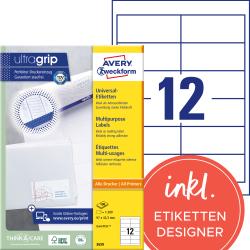 Packung mit Universal-Etiketten von Avery. Enthält 100 Etiketten in einem Raster von 12.