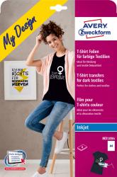 Verpackung für T-Shirt Transferfolien. A4-Größe. Geeignet für dunkle Textilien. Abgebildete Person trägt schwarzes T-Shirt mit Aufdruck. Hintergrund mit einem Bildrahmen.