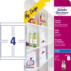 Produktverpackung für Flaschenetiketten. Vier Etiketten pro Bogen. Maße 90 x 120 mm. Kältebeständig und abwaschbar. Ideal für Geschenke.
