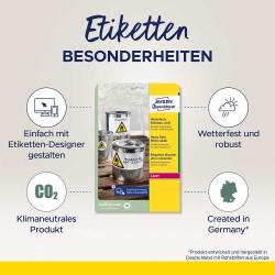 Verpackung für wetterfeste Etiketten. Enthält Hinweise zu Verwendung und Eigenschaften.