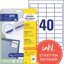 Packung mit Universal-Etiketten von Avery. 40 Etiketten auf einem Bogen, geeignet für alle Drucker.
