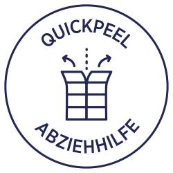 Rundes Logo mit der Aufschrift 'Quickpeel Abziehhilfe'. Symbol zeigt eine Verpackung, die sich öffnet.