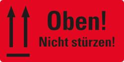 Rote Warnetiketten mit schwarzem Text. Hinweis: Oben! Nicht stürzen!