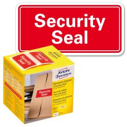 Gelbe Verpackung mit Aufklebern für Sicherheitsanwendungen. Roter Schriftzug 'Security Seal' auf der Vorderseite.