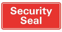 Gelbe Verpackung mit Aufklebern für Sicherheitsanwendungen. Roter Schriftzug 'Security Seal' auf der Vorderseite.