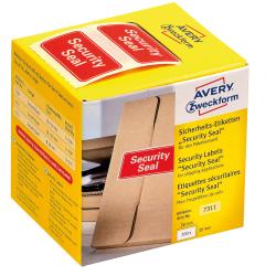 Gelbe Verpackung mit Aufklebern für Sicherheitsanwendungen. Roter Schriftzug 'Security Seal' auf der Vorderseite.