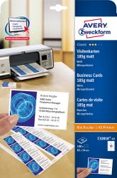 Visitenkarten mit mikroperforierter Kante. Enthält Beispielinformationen und wird in einem Drucker verwendet.