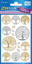 Stickerbogen mit verschiedenen Baum-Motiven in Gold und Silber. Enthält auch einige Blätter.