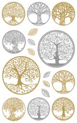 Stickerbogen mit verschiedenen Baum-Motiven in Gold und Silber. Enthält auch einige Blätter.