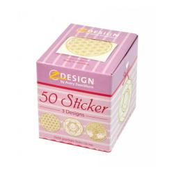 Schachtel mit 50 goldenen Stickern in drei Designs. Designs zeigen geometrische Muster und einen Baum.