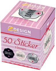 Packung mit 50 Dankesstickern. Drei Designs. Farben: Schwarz, Weiß, Pink. Texte: 'Danke!', 'Thanks!', 'Wir sagen Danke!'.