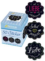 Box mit 50 wiederverwendbaren Aufklebern in drei Designs. Aufkleber mit Texten wie 'mit Liebe' und 'selbstgemacht'.