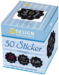 Box mit 50 wiederverwendbaren Aufklebern in drei Designs. Aufkleber mit Texten wie 'mit Liebe' und 'selbstgemacht'.