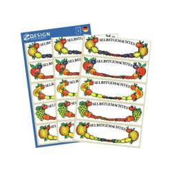 Aufkleber mit bunten Obstmotiven. Text: 'Selbstgemachtes'. Sechs verschiedene Designs. Farbenfroh und fröhlich.