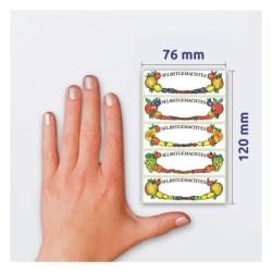 Aufkleber mit bunten Obstmotiven. Text: 'Selbstgemachtes'. Sechs verschiedene Designs. Farbenfroh und fröhlich.