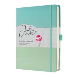 Türkisfarbenes Bullet Journal mit einem weißen Deckel. Auf dem Cover steht 'Jolie Bullet Journal' und es hat ein elastisches Band.