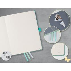 Leeres Notizbuch mit gepunkteten Seiten. Es hat 200 Seiten und drei Lesezeichen in verschiedenen Farben.