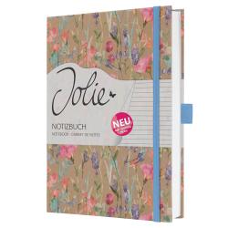 Notizbuch mit floralem Design in sanften Farben. Titel Jolie und Aufschrift Notizbuch auf der Vorderseite.