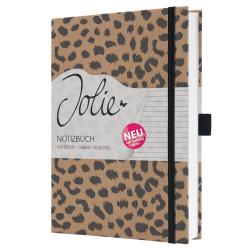 Notizbuch mit Leopardenmuster. Titel Jolie und Hinweis auf Neuheit.