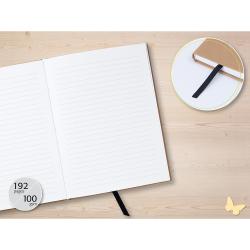 Offenes Notizbuch mit linierten Seiten. Es hat 192 Seiten und ein schwarzes Lesebändchen.